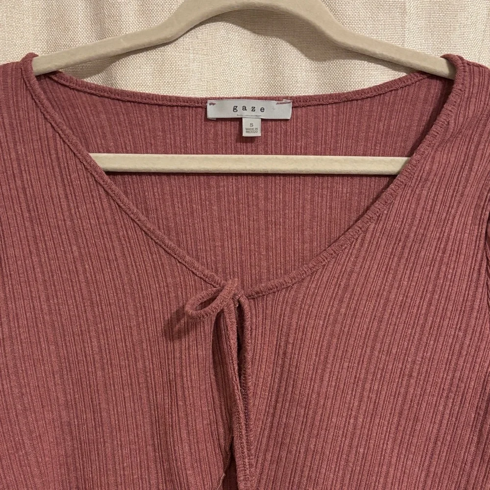 Ribbed Long Sleeve Scalloped Tie Top - Dusty Rose